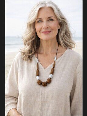 J Jill Beaded Necklace Brown Silver Chunky Statement Adjustable Boho Artisan NWT